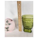 Ucagco Japan Pink Ceramic Vase and Napco Green Glass Goblet