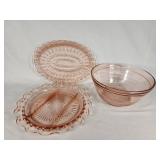 Pink Depression Glass Plates and Bowl Set including Patterned Plates and Serving Bowl