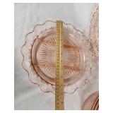 Pink Depression Glass Plates and Bowl Set including Patterned Plates and Serving Bowl