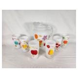 Vintage Glass Pitcher and Tumblers with Fruit Design