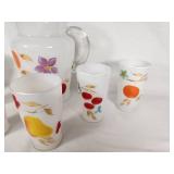 Vintage Glass Pitcher and Tumblers with Fruit Design