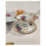 Set of Vintage Teacups and Saucers including Bone China, R & R, and Fire-King