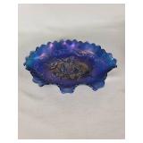 Blue Iridescent Glass Bowl with Floral Design