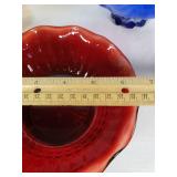 Amber, blue, and red decorative glass bowls