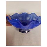 Amber, blue, and red decorative glass bowls