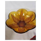 Amber, blue, and red decorative glass bowls
