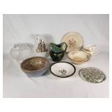 Vintage Glassware and Ceramics Lot including Green Pitcher, Floral Plates, and Bowls