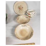 Vintage Glassware and Ceramics Lot including Green Pitcher, Floral Plates, and Bowls