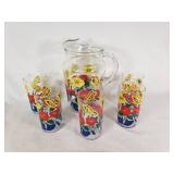 Lot of Vintage Glass Pitcher and Tumblers with Floral Design