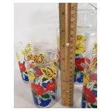 Lot of Vintage Glass Pitcher and Tumblers with Floral Design