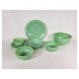 Lot of Vintage Green Jadeite Glass Dinnerware Including Bowls, Plates, and Cups