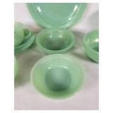 Lot of Vintage Green Jadeite Glass Dinnerware Including Bowls, Plates, and Cups