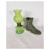 Green Glass Oil Lamp and Decorative Boot Vase