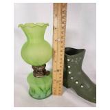 Green Glass Oil Lamp and Decorative Boot Vase