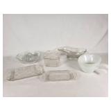 Vintage Glass and Milk Glass Kitchen Items including Juicer, Butter Dish, and Gravy Boat