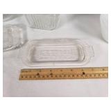 Vintage Glass and Milk Glass Kitchen Items including Juicer, Butter Dish, and Gravy Boat