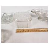 Vintage Glass and Milk Glass Kitchen Items including Juicer, Butter Dish, and Gravy Boat