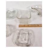 Vintage Glass and Milk Glass Kitchen Items including Juicer, Butter Dish, and Gravy Boat