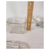 Vintage Glass and Milk Glass Kitchen Items including Juicer, Butter Dish, and Gravy Boat