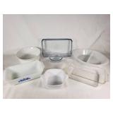 CorningWare, Fire-King, Glasbake, and Anchor Hocking Bakeware including Loaf Pans, Casserole Dish, and Divided Dish