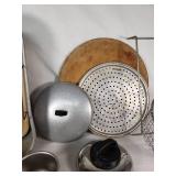 Lot of Kitchen Cookware and Accessories including Roasting Pan, Perforated Trays, Pots, and Lids