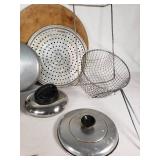 Lot of Kitchen Cookware and Accessories including Roasting Pan, Perforated Trays, Pots, and Lids