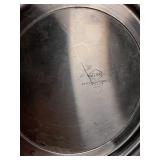 Vintage kitchenware including Glasbake and Tupperware dishes, ABCO aluminum pitcher, Vollrath stainless steel pitcher, and a metal grater with mold pan