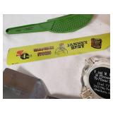 Vintage Kitchen and Promotional Items including Utensils, Ashtray, Strainer, and More - Morgan Farmers Elevator, V and M Grill Mankato, 1939 Lillian Creamery