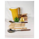 Lot of Vintage Kitchen and Promotional Items Including Yellow Pitcher, Wooden Spoons, and Pencil Set - Ginsburgs Hector, Hector elevator, Gambles Hector, MN and More