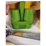 Lot of Vintage Kitchen and Promotional Items Including Yellow Pitcher, Wooden Spoons, and Pencil Set - Ginsburgs Hector, Hector elevator, Gambles Hector, MN and More