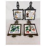 Lot of 4 Vintage Cast Iron & Ceramic Tile Kitchen Wall Plaques - Kitschy & Berry Motifs