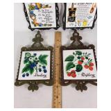 Lot of 4 Vintage Cast Iron & Ceramic Tile Kitchen Wall Plaques - Kitschy & Berry Motifs
