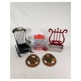 Decorative Home Items Including Black Rocking Chair, Red Music Stand Holder, and Floral Wall Plaques - SHort 8" tall