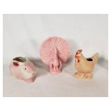 Vintage SMall Ceramic Animal Planters and FIgurine - Pink Rabbit, Peacock & Chicken