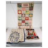 1958 Parisian Prints Linen Calendar, Blue Kitchen Graphic Towel, and Colorful Dining Scene Towel