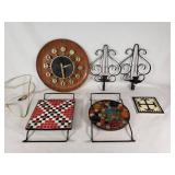 Mid-Century Decorative Items Lot including Spartus Wall Clock, Mosaic Trivets, and Candle Holders