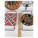 Mid-Century Decorative Items Lot including Spartus Wall Clock, Mosaic Trivets, and Candle Holders
