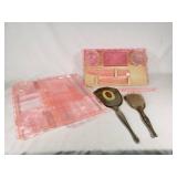 Pink Depression Glass Vanity Set with Mirror and Brush