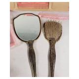 Pink Depression Glass Vanity Set with Mirror and Brush