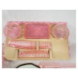 Pink Depression Glass Vanity Set with Mirror and Brush