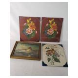 Vintage Floral and Landscape Artwork Collection including Chirat Signed Print and Framed Scenic Painting