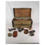 Vintage Tin Toy Tea Set with Decorative Plates and Cups, Stored in a Patterned Trunk