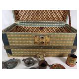 Vintage Tin Toy Tea Set with Decorative Plates and Cups, Stored in a Patterned Trunk