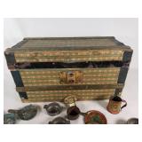 Vintage Tin Toy Tea Set with Decorative Plates and Cups, Stored in a Patterned Trunk