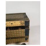 Vintage Tin Toy Tea Set with Decorative Plates and Cups, Stored in a Patterned Trunk