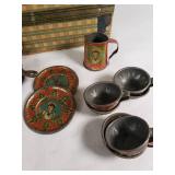 Vintage Tin Toy Tea Set with Decorative Plates and Cups, Stored in a Patterned Trunk