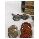 Vintage Tin Toy Tea Set with Decorative Plates and Cups, Stored in a Patterned Trunk