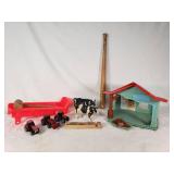 Wooden Train Whistle, Toy Barn, and Toy Tractors with Accessories