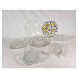 Glass and Ceramic Serving Dishes and Platters including Floral Plate, Cut Glass Bowls, and Serving Trays