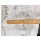 Glass and Ceramic Serving Dishes and Platters including Floral Plate, Cut Glass Bowls, and Serving Trays